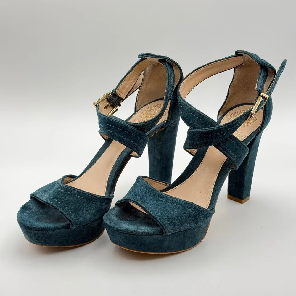 Vince Camuto Shayla Teal Blue Suede Platform Block Heel Sandals Womens 7.5 M